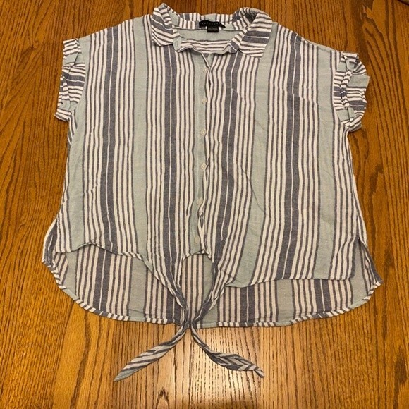 Sanctuary Striped Cuff Sleeved Tie Off Button Down Shirt - Picture 3 of 11